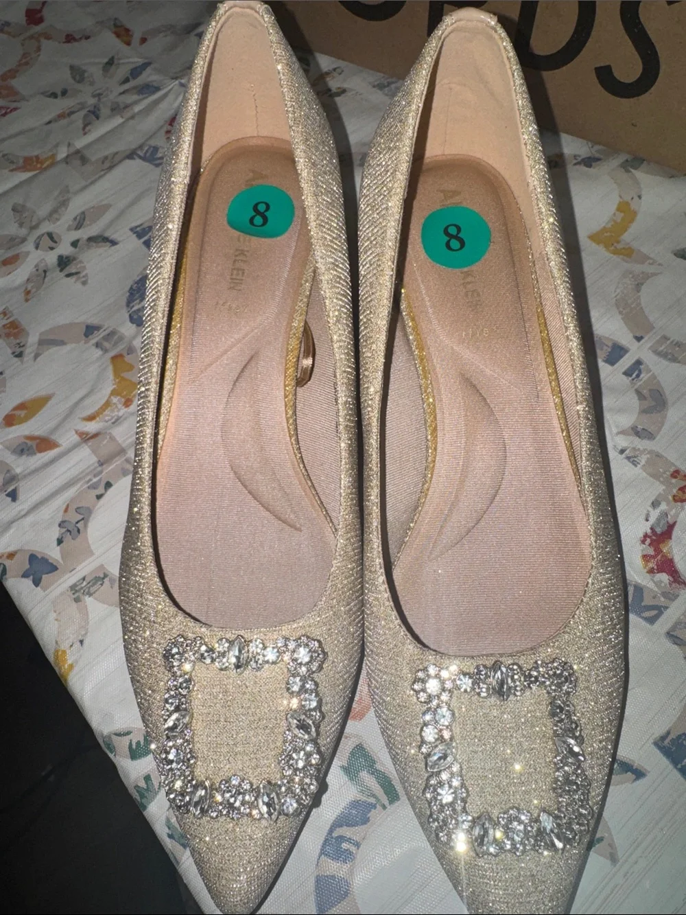 Anne Klein Gold Glitter Pointed Flats with Crystal Buckle IFLEX NEW